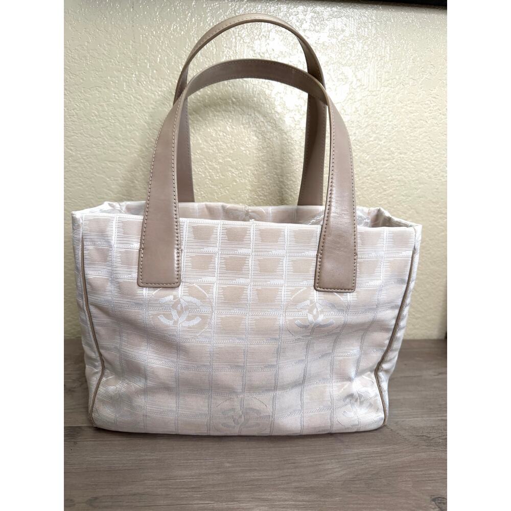 Vintage Chanel Travel Line Tote PM Beige Tan Jacquard CC Canvas Leather Handles - Picture 2 of 11